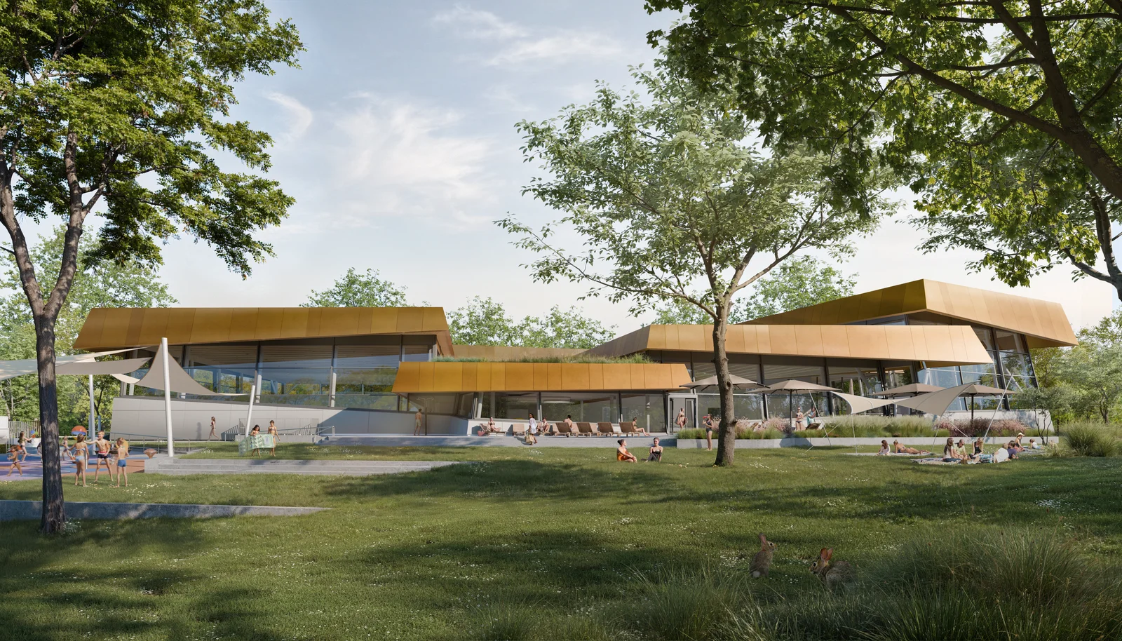 Visualisierung Neubau Hallenbad Zuffenhausen Visualisierung Aussenansicht Neubau Hallenbad Zuffenhausen - Badgebaeude mit großer Liegewiese und schattenspendenden Bäumen