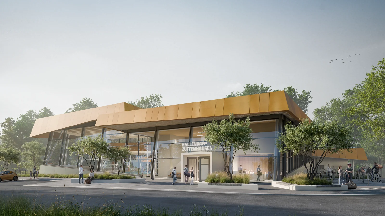 Visualisierung Neubau Hallenbad Zuffenhausen Visualisierung Aussenansicht Glasfassade Neubau Hallenbad Zuffenhausen