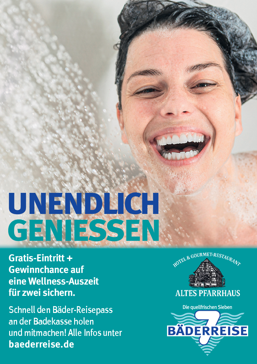 Aktion Bäderreise 2026 Aktionsplakat Bäderreise 2026 mit Gewinnchance auf eine Wellness-Auszeit im Alten Pfarrhaus Bad Überkingen. Aif dem Plakat ist das lachende Gesicht einer jüngen Frau unter Wasserdusche zu sehen.